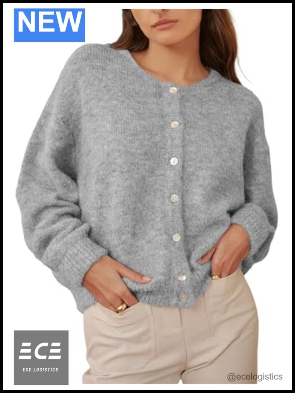 Womens Cardigan Sweater Front Button Loose Long Sleeve Crewneck Knit